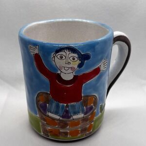 Vintage DeSimone Italy Hand Painted Ceramic Mug Cup Folk Art Girl Sunflower